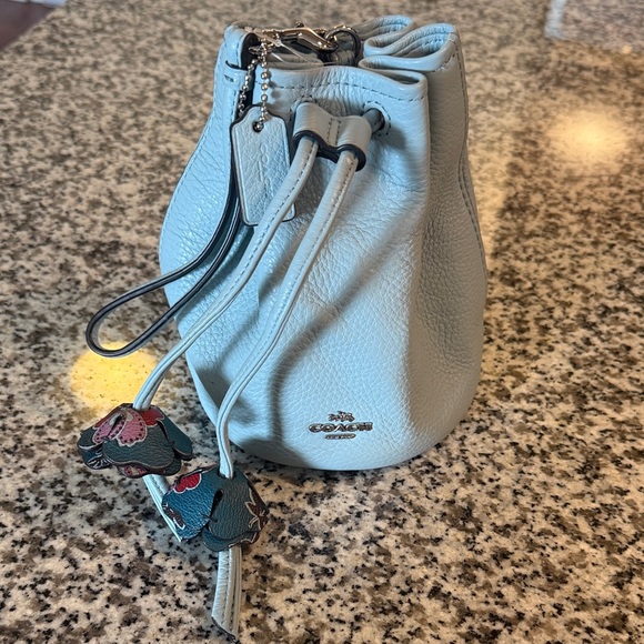 NWOT Coach Light Blue Leather Bucket Drawstring Mini Bag with Tulips - Picture 1 of 13